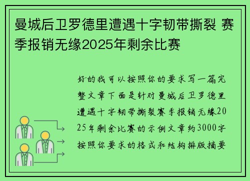 曼城后卫罗德里遭遇十字韧带撕裂 赛季报销无缘2025年剩余比赛 曼城后卫罗德里遭遇十字韧带撕裂 赛季报销无缘2025年剩余比赛