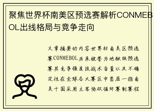 聚焦世界杯南美区预选赛解析CONMEBOL出线格局与竞争走向