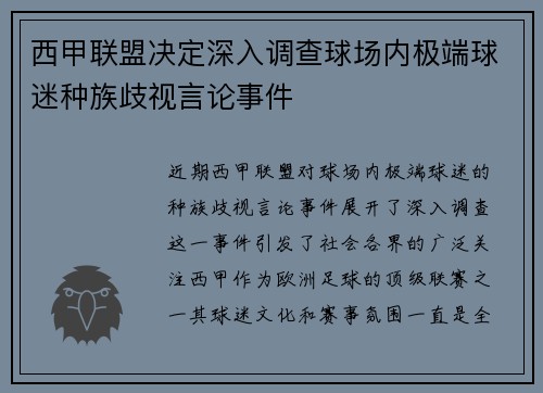 西甲联盟决定深入调查球场内极端球迷种族歧视言论事件