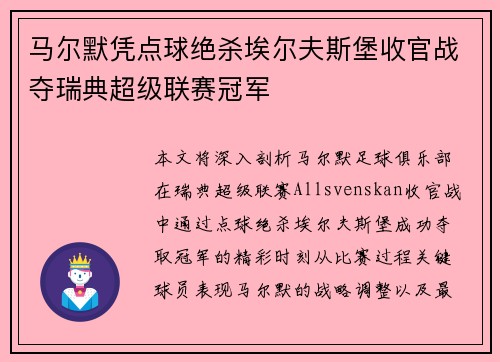 马尔默凭点球绝杀埃尔夫斯堡收官战夺瑞典超级联赛冠军